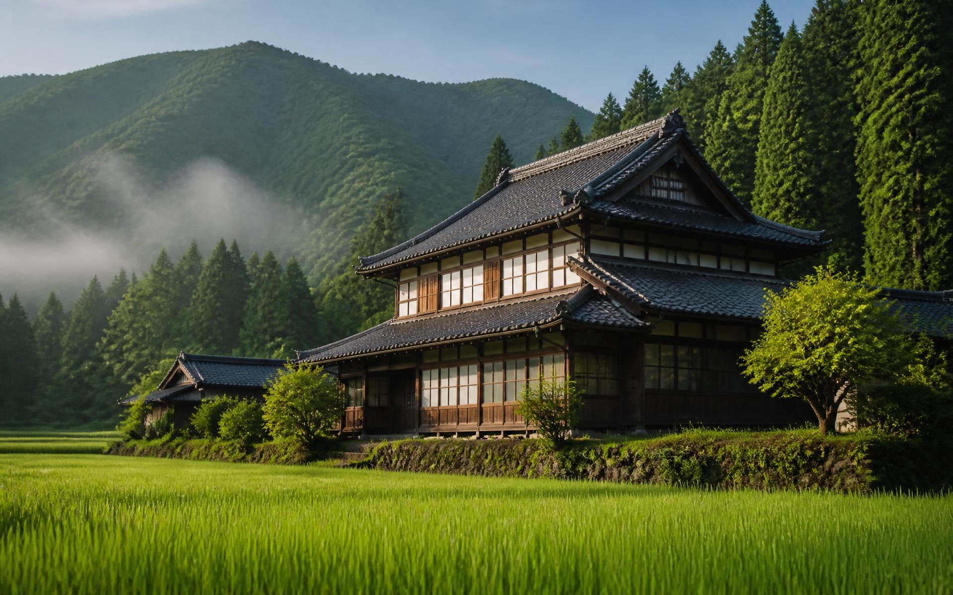 緑の山あいに建つ古民家と田畑の風景